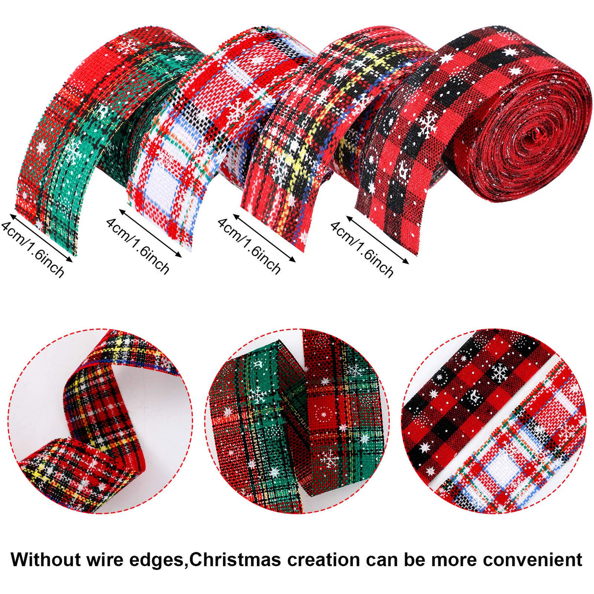 4 Rolls Christmas Plaid Ribbon - Snowflake Plaid Burlap Ribbon for Christmas Tree Wrapping, 24 Yards (1.6 Inch) WILLBOND