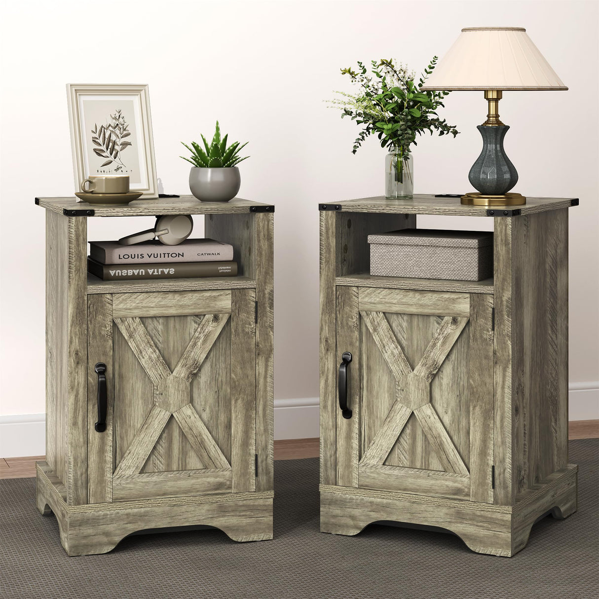 RoyalCraft Nightstand Set of 2, Grey End Table with Charging Station, Tall Farmhouse Bedside Table with Large Storage and Shelf, Wooden Side Table with for Bedroom, Home Office, Light Grey RoyalCraft