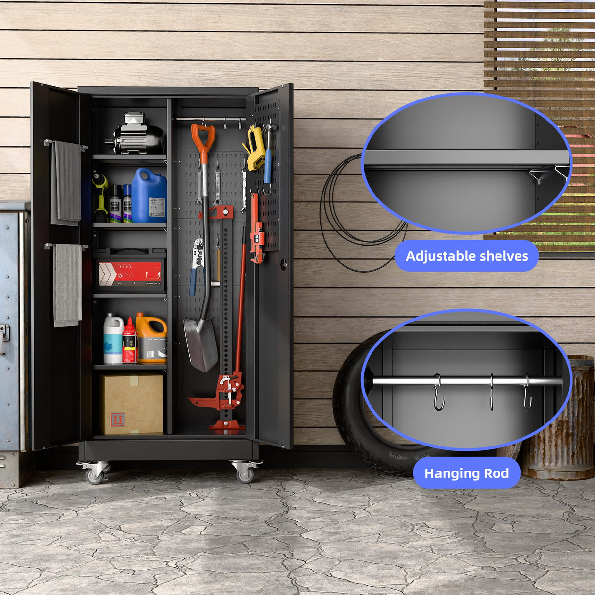 61.7"H Metal Garage Storage Cabinet with Wheels and Hanging Rod,Broom Closet Storage Cabinet with Pegboard and 4 Adjustable Shelves with 120LBS for Garage Home Office School,Required Assembly,Black Reemoon