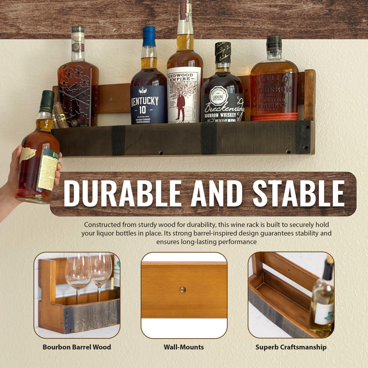 RELODECOR Whiskey & Wine Barrel Shelf - Rustic Wall-Mounted Wooden Rack for Liquor Bottles, Bourbon Display, Space-Saving Home Bar Storage, for Wine & Whiskey Enthusiasts RELODECOR