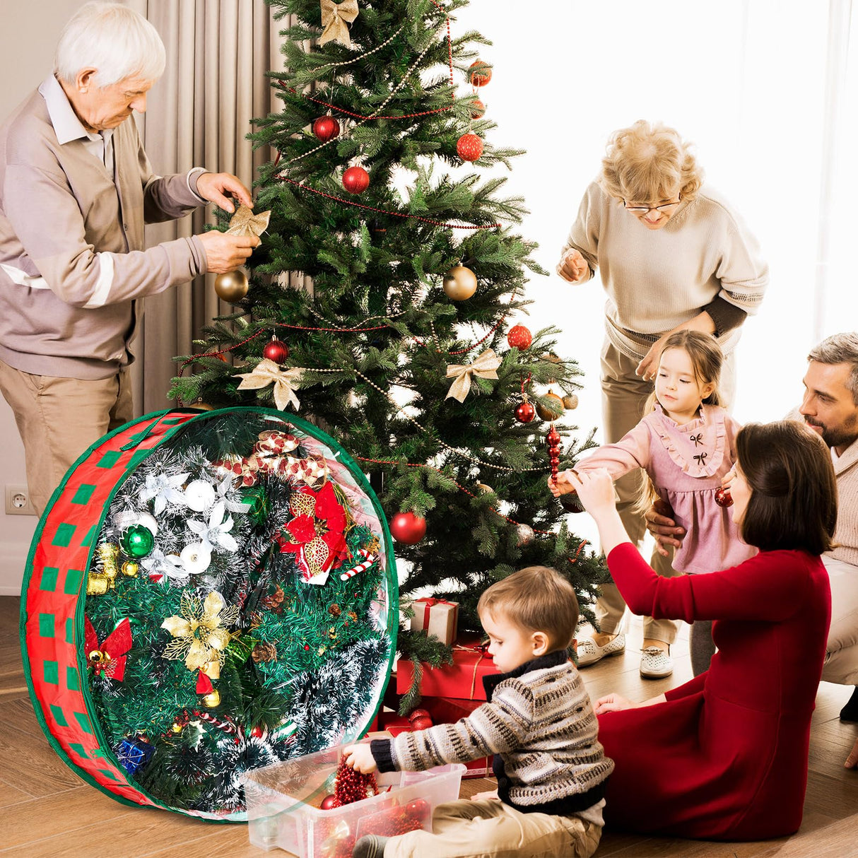 Aliceset 4 Pack Wreath Storage Containers, Storage Bags with Window and Handles, Durable Decoration Box Holder for Holiday(36 x 36 x 7.8 Inch,Red Green Plaid) Aliceset