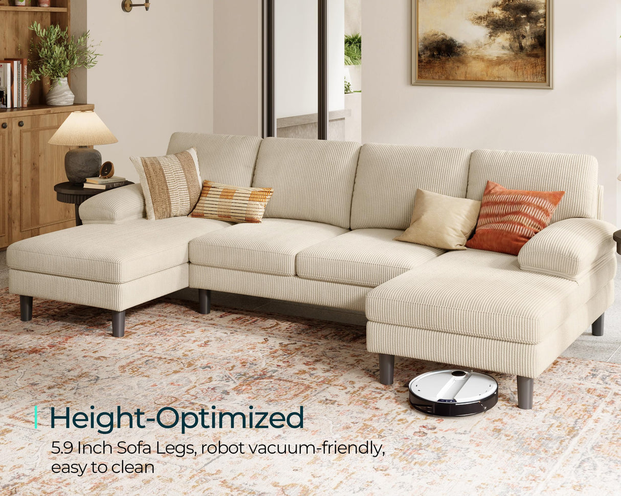 LINSY HOME Sectional Couch, 111'' W Corduroy U Shaped Sofa with Sleepable Armrests, 4 Seat Couch with Double Chaises, Deep Seat Sofa for Living Room, Beige LINSY HOME