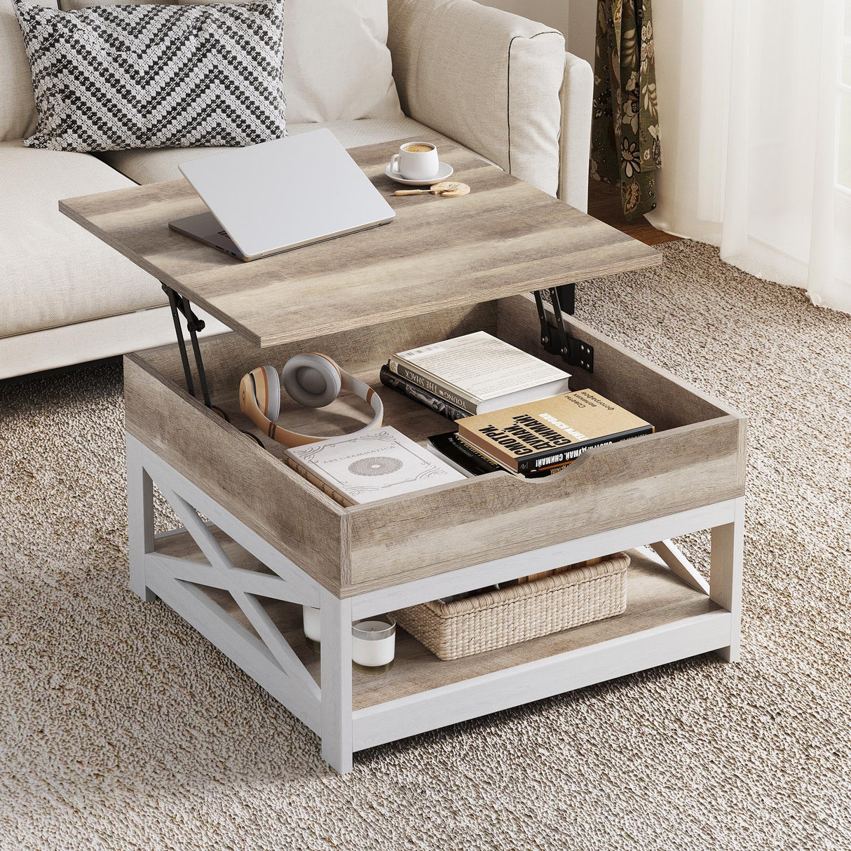 YITAHOME Coffee Tables with Living Room, Lift Top Coffee Table with Storage, Farmhouse Coffee Table, Square Wood Center Table Cocktail Table, Grey Wash YITAHOME