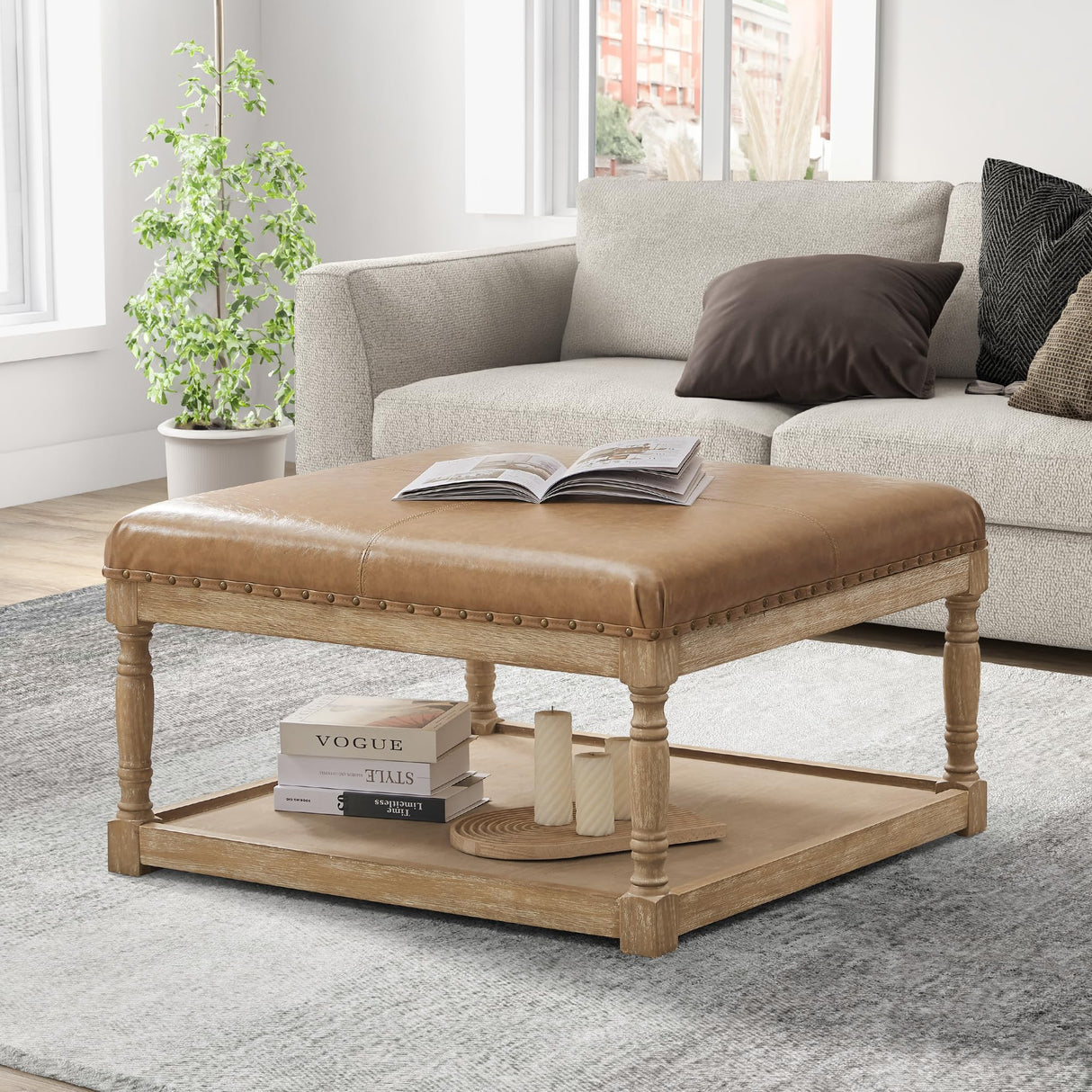 HUIMO 33-Inch Leather Ottoman Coffee Table, Large Ottoman for Living Room, Square Ottoman with Shelf & Solid Wood Frame, Upholstered Ottoman Foot Rest (Light Brown) HUIMO