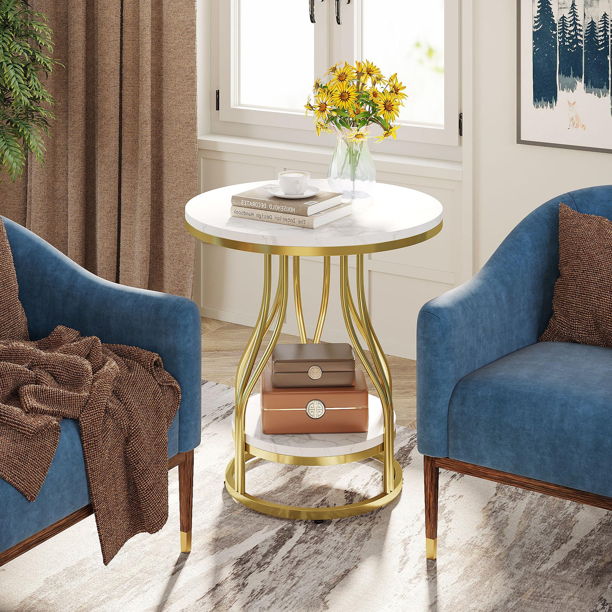 Tribesigns Round Side Table White Gold End Table Set of 2, 2-Tier End Table Modern Bedside Table Small Side Table with Storage Sofa Side Table with Metal Frame for Living Room Tribesigns