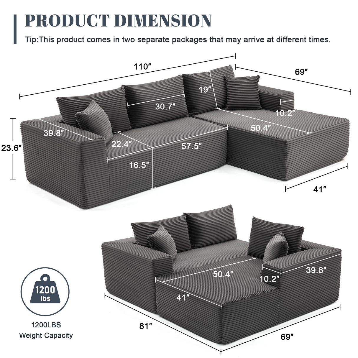 Mangodan 110” Cloud Sectional Couch, Boneless Sofa for Living Room, Modular Sectional Sofa with Deep Seat, Fluffy Couch with L-Shaped Chaise, No Assembly Required (Right-Facing Chaise, Dark Grey) Mangodan