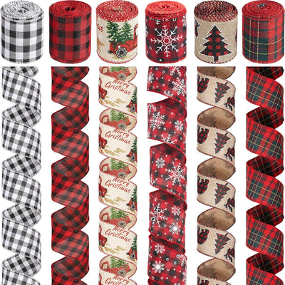 Boao 6 Rolls Christmas Wired Ribbons 2.5 Inch x 24 Yards Buffalo Red White Black Plaid Ribbons Vintage Truck Trees Glittered Snowflake Wired Edge Ribbon for Christmas DIY Wrapping Wedding Floral Craft