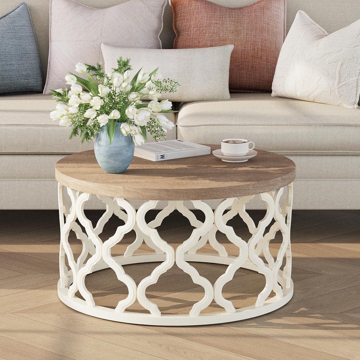 karlott Farmhouse Coffee Table, French Country Round Coffee Table, Coastal Coffee Table with Distressed Top, Boho Coffee Table with Curved Motif Frame Base for Living Room, Dining Room, Bedroom karlott