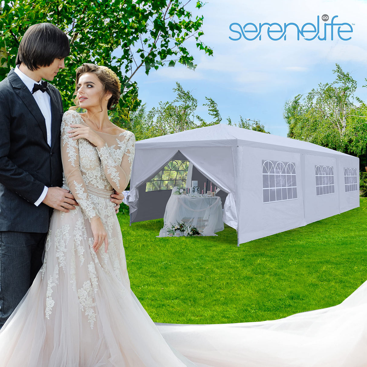 SereneLife SLTET30 Party Commercial Instant Shelter with 4 walls-Waterproof Tent with 8 Sand Bags, One size, White SereneLife