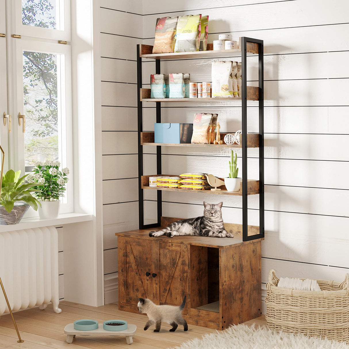 IRONCK Litter Box Enclosure with 4 Shelves and Doors, Large Wood Cat Litter Box Furniture Hidden with Storage and Scratch, Fit Most of Litter Box, Vintage Brown IRONCK