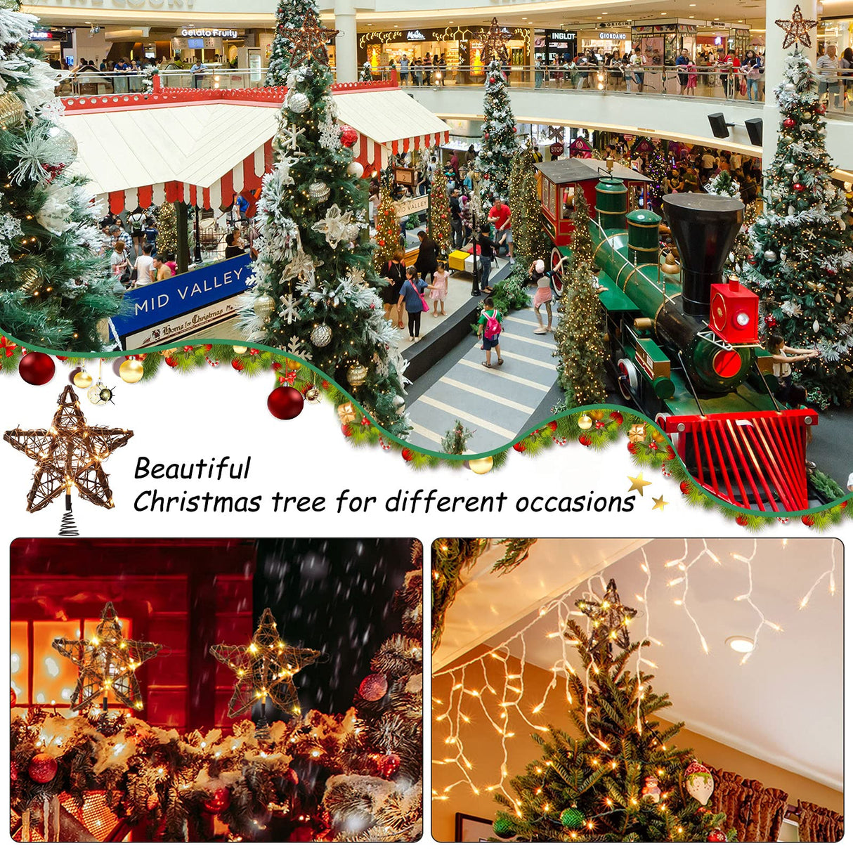 Star Tree Toppers Christmas Decorations Indoor Natural Brown Rattan Star Christmas Tree Topper Lighted Rustic Rattan Star Rustic Rattan Treetop Holiday Xmas Party Decorations (Warm White Light) Mudder