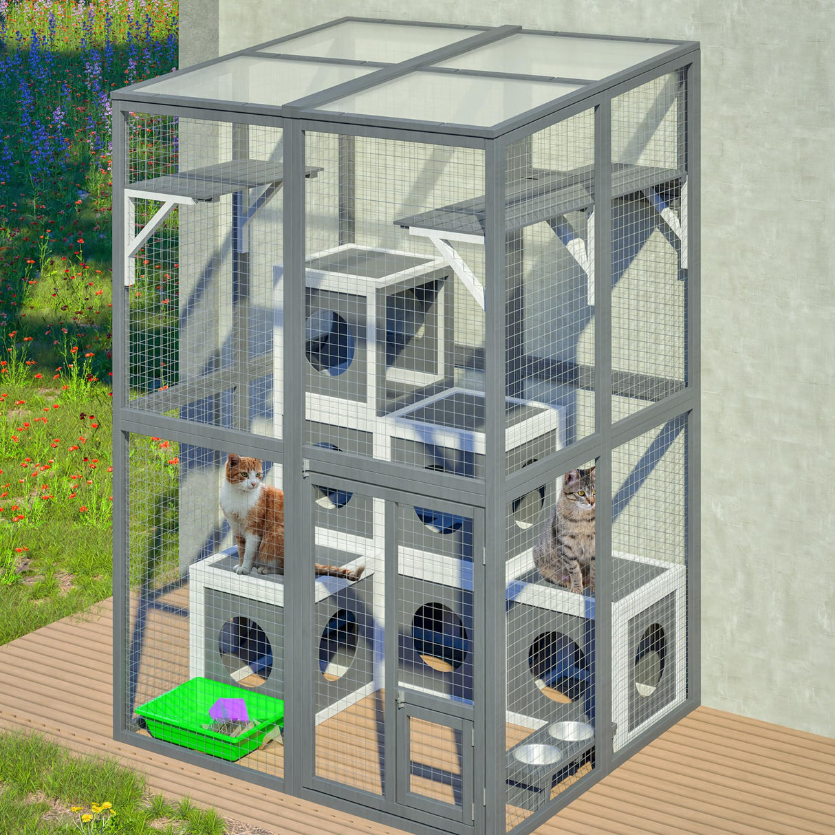 Linkhoo Large Wood Outdoor Catio Cat Enclosure with Weatherproof Roof and Food Bowl, Cat House Cage Playpen w/ 2 Jumping Platforms & 7 Napping Houses, Walk-in Kitty Kennel Indoor Condo Shelter, Grey LINKHOO