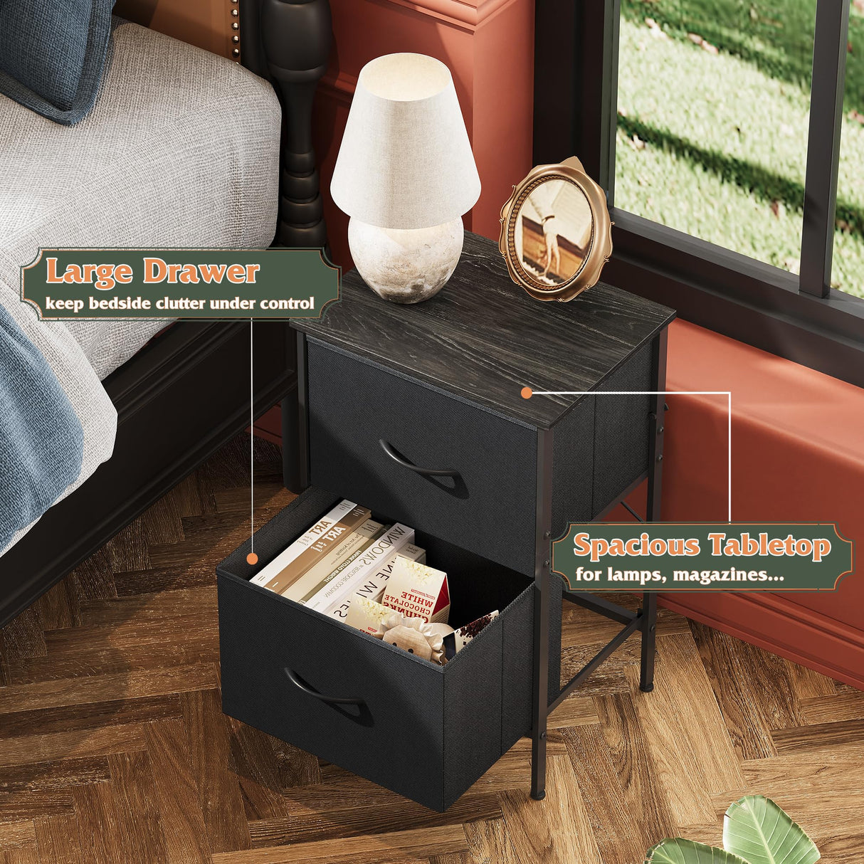 WLIVE Black Night Stand, Nightstand with 2 Drawers, Small Dresser for Bedroom, Bedside Table Furniture, College Dorm, End Table with Fabric Bins, Size L 24.9" H WLIVE
