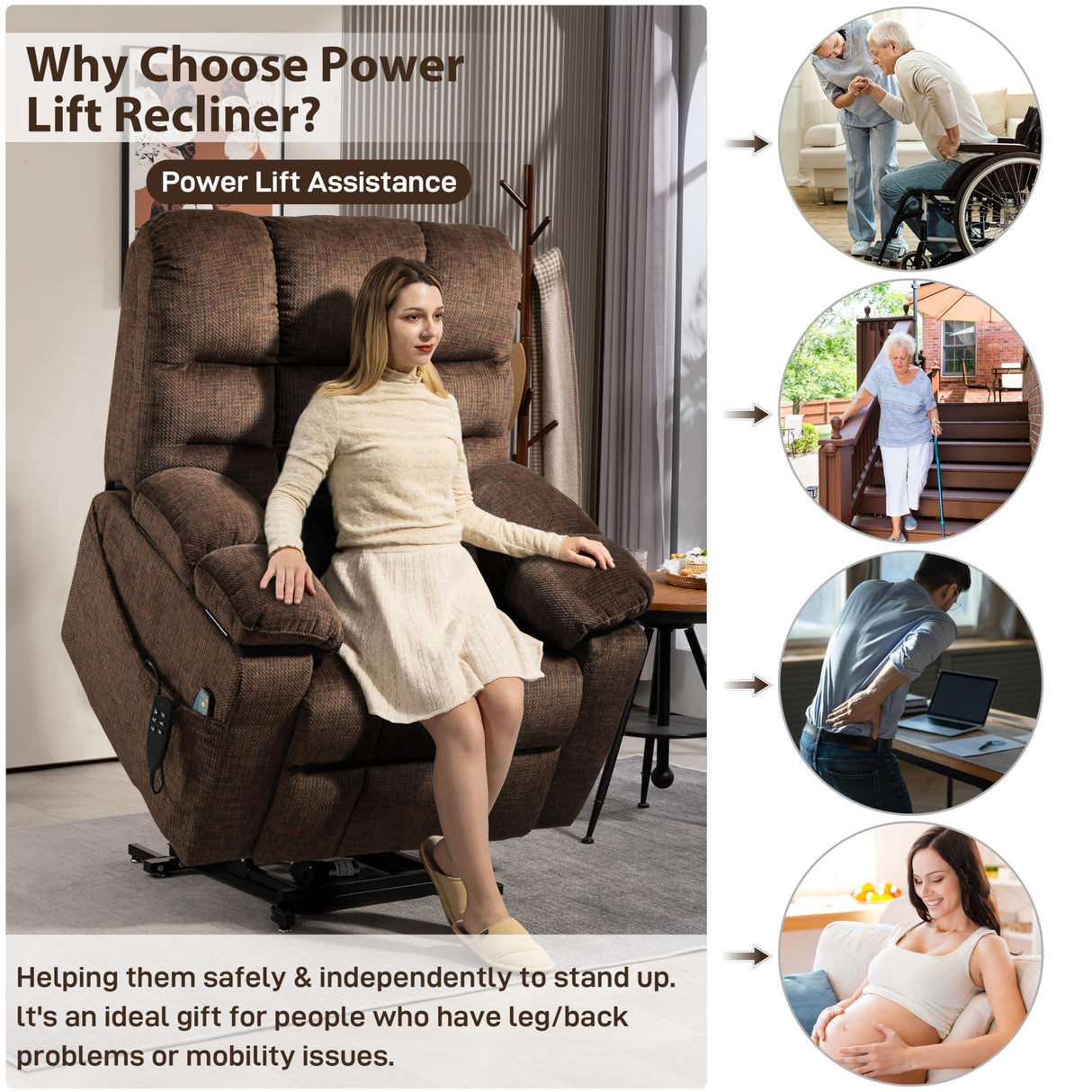 JIKFRIMA Oversized Zero Gravity Power Lift Recliner Chair for Elderly Adults Big Man Electric Lay Flat Recliner Triple Motor with Heat and Massage, Adjustable Seat Height, Arm Storage, Cup Holder JIKFRIMA