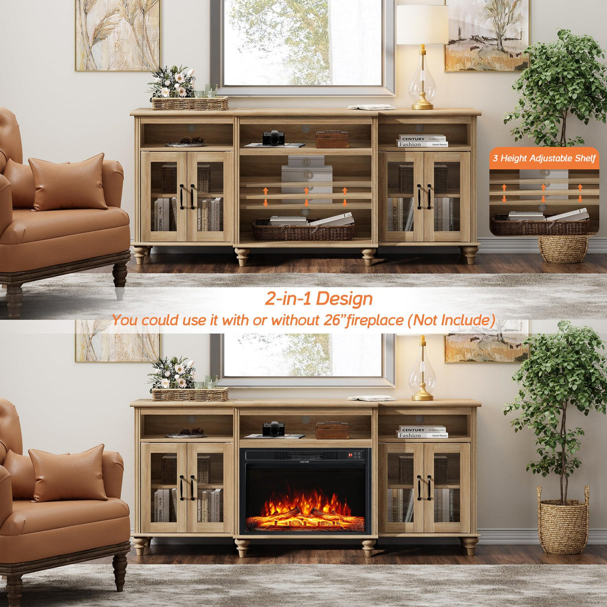 WAMPAT Farmhouse TV Stand for TVs Up to 75 inch, 4-Door Glass and Wood Universal TV Console with 9 Storage Cabinets, Oak Entertainment Center Table for Living Room Bedroom,70'' WAMPAT