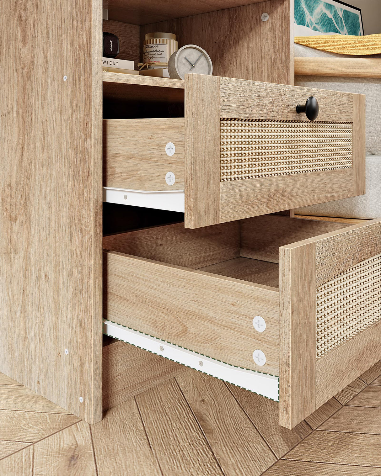 CHOEZON Rattan Nightstand, Boho Side Table, Bedside Table with Charging Station and 2 Drawers, Engineered Wood End Table, for Bedroom, Study, Natural MBZ07UNL CHOEZON