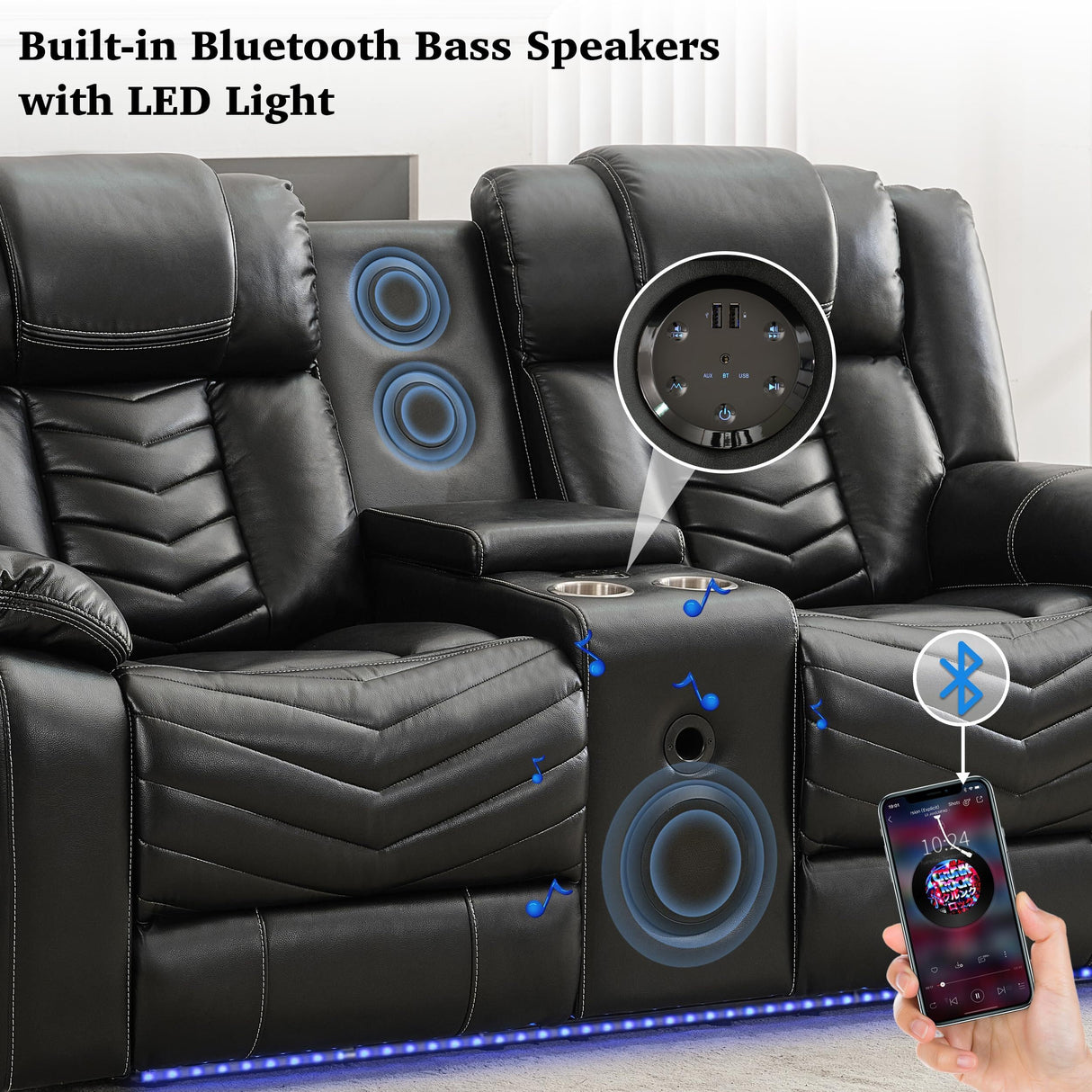 Power Recliner Sofa Set 5-Seater with Zero Gravity,Bass Speaker,Wireless Charger,USB/Type-C Ports,LED Lights,Cup Holders,Faux Leather Electric Reclining Loveseat Couch Recliner Sets,2 Piece,Black Comfort Stretch