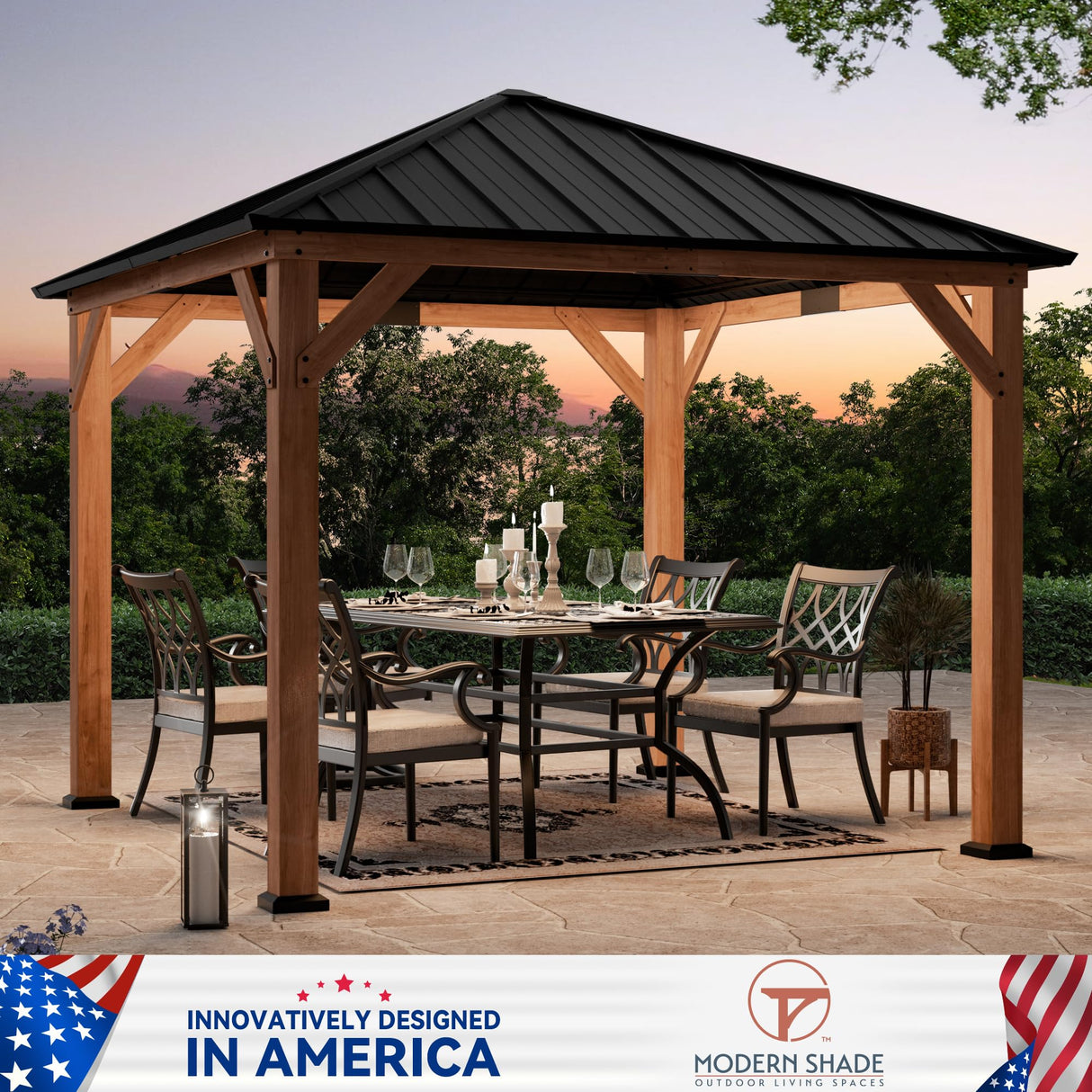 Modern Shade Tranquil Grove Wood Gazebo 10' x 10', Permanent Grill Gazebo with Galvanized Steel Hardtop Roof, Cedar Framed Wooden Pavilion for Garden, Backyard Modern Shade Outdoor Living Spaces