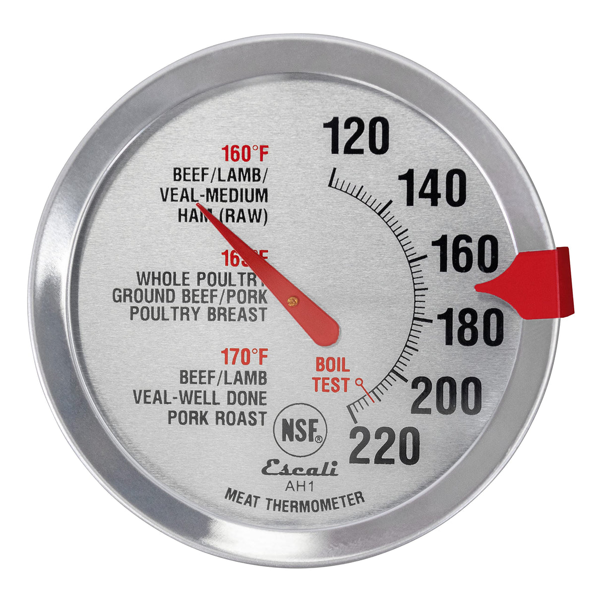Escali AH1 Stainless Steel Oven Safe Meat Thermometer, Extra Large 2.5-inches Dial, Temperature Labeled for Beef, Poultry, Pork, and Veal Silver NSF Certified Escali