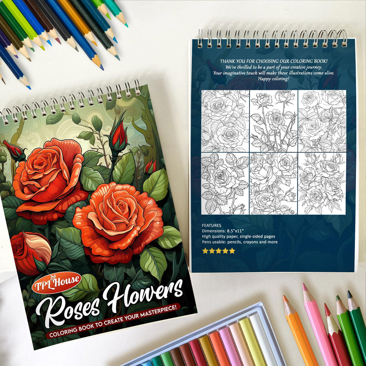 TPLHOUSE Roses Flowers Coloring Book Spiral Bound for Adults, Softcover, 30 Aesthetic Roses Coloring Pages of Charming Garden for Stress Relief and Relaxation TPLHOUSE