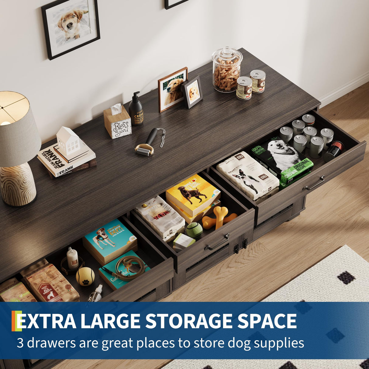 71'' Large Dog Crate for 2 Dogs, Dog Crate Furniture with 3 Drawers, Dog Kennel Furniture, Heavy Duty Dog Cage and TV Stand, Perfect for Medium Large Dogs, Walnut GarveeLife