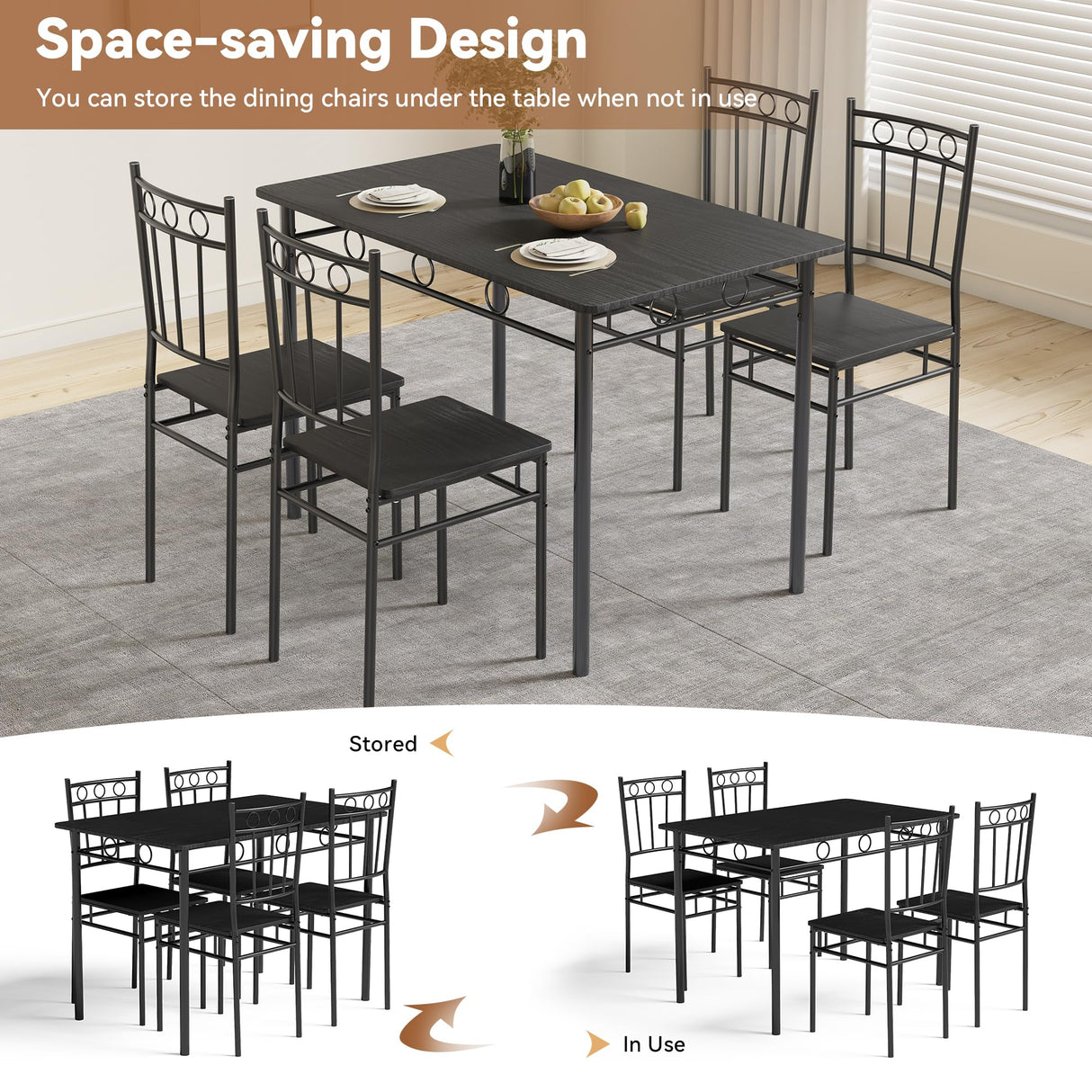 AMICLIBER Dining Table Set for 4, 5-Piece Kitchen Table and Chairs, Rectangular Dining Room Table Set with 4 Chairs, Space-Saving Kitchen Table Set for Small Space,Dinette,Apartment,Pure Black AMICLIBER