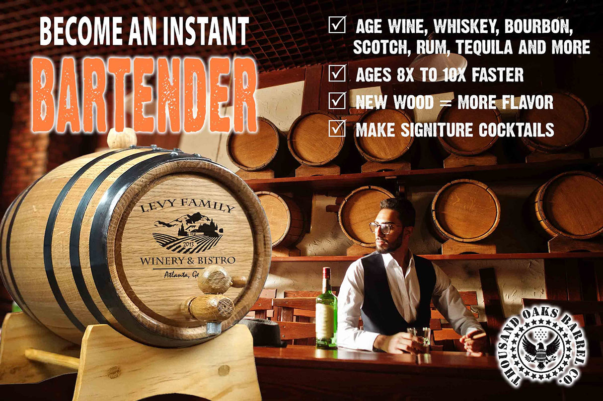 Personalized 1 Gallon Oak Wine Barrel with Stand, Bung, and Spigot (5 liter) | Age Cocktails, Wine, Mead and More! | Custom Engraved Vineyard Bistro THOUSAND OAKS BARREL