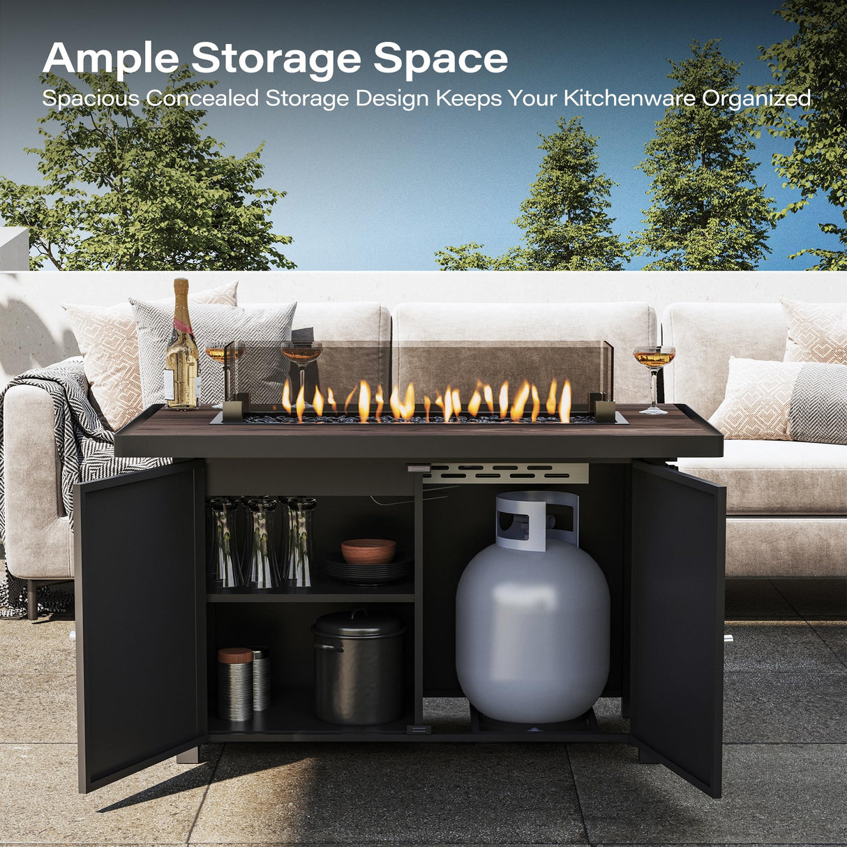 LAUSAINT HOME 9 Pieces Outdoor Patio Furniture Set with 43" Propane Gas Fire Pit Table, Outdoor Sectional Sofa PE Rattan Wicker Patio Conversation Sets with Thick Cushions(Beige LAUSAINT HOME