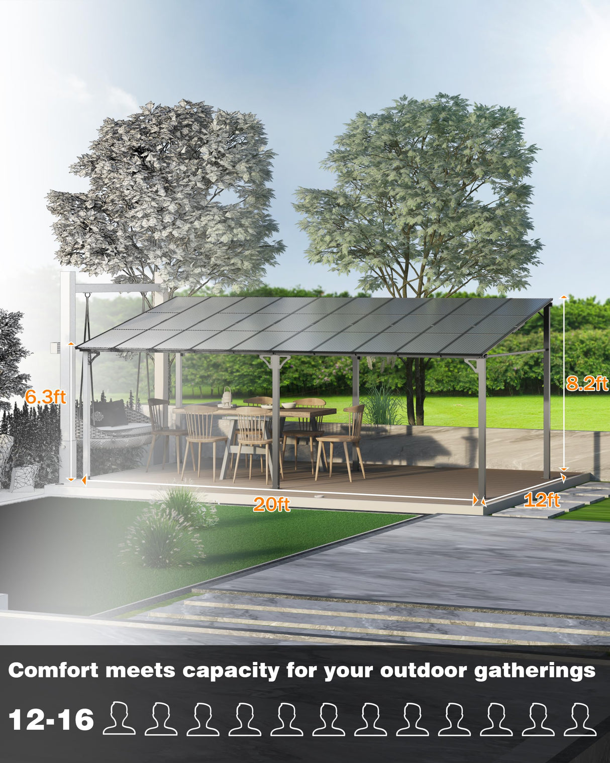 GarveeLife 12'x 20' Lean to Gazebo, Hardtop Wall Pergola with Polycarbonate Roof, Aluminum Frame Mounted Gazebo for Lawn Patio Deck Yard and Party Garveelife