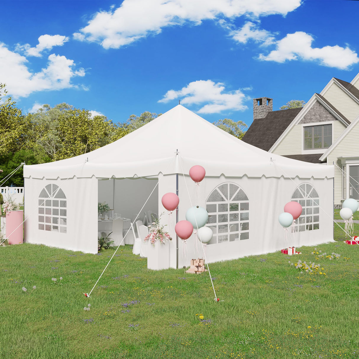 EROMMY 20x20ft Pole Party Tent, Weekend Canopy Heavy Duty with Sidewalls, 2 Doors, Carry Bags, PVC Fire Retardant Outdoor Canopies for 62 People, Large Tents for Parties, Events, Weddings, White EROMMY
