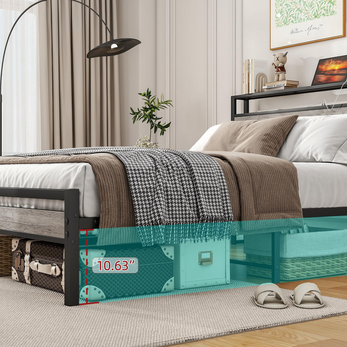 BOFENG Heavy Duty Full Size Bed Frame with Storage Headboard and Charging Station, Grey Oak BOFENG
