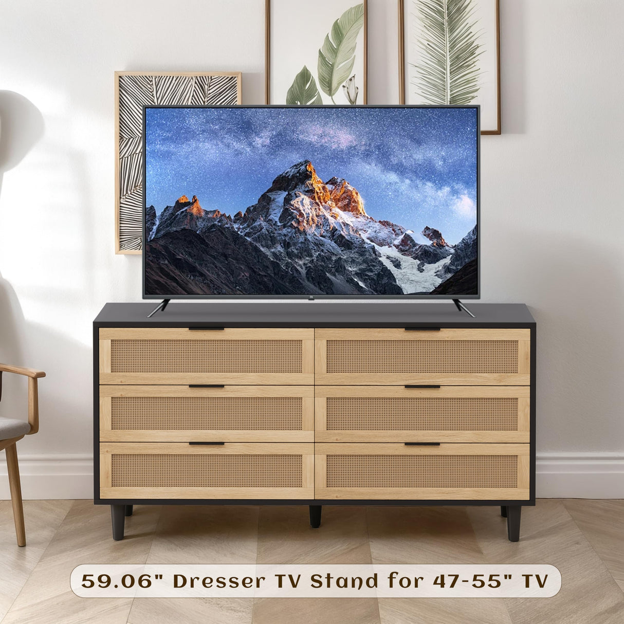 NTYUNRR Black Rattan Dresser, 6 Drawer Double Dresser for Bedroom, 59.06" Rattan Dresser for Closet, 6 Drawer Dresser Chest of Dressers Storage Cabinet with Metal Handles, TV Stands for Living Room, L NTYUNRR