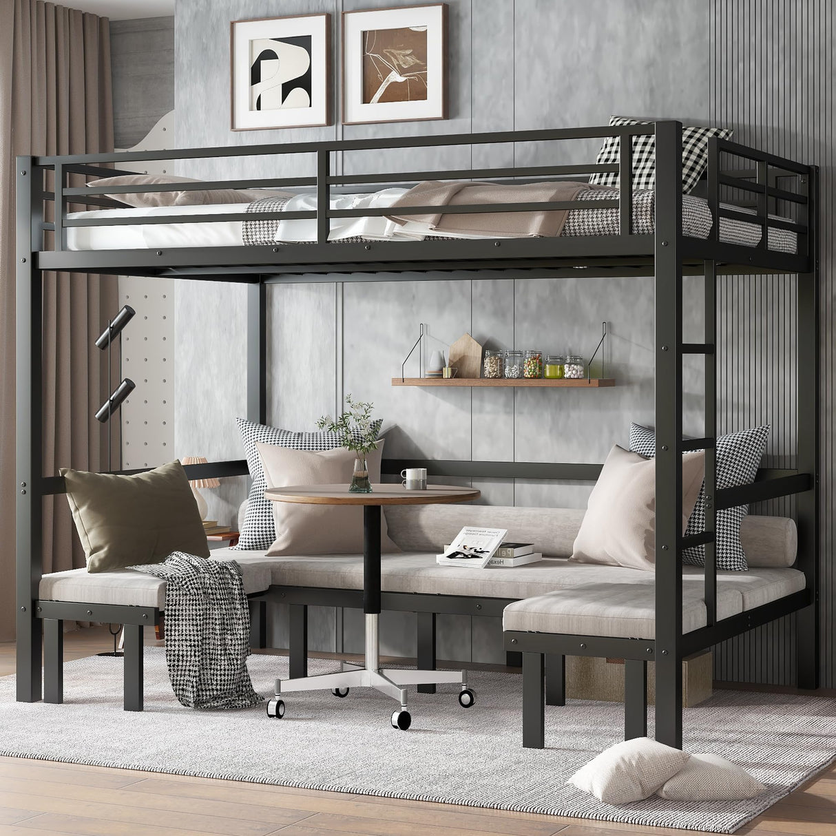 Queen Over Queen Bunk Bed for Adults, Heavy Duty Bunk Bed can Turns into Loft Bed with U-Shaped Sofa, Adults Bunk Bed with SafetyRails and Side Ladder, Black(Not Include Cushion) Bellemave