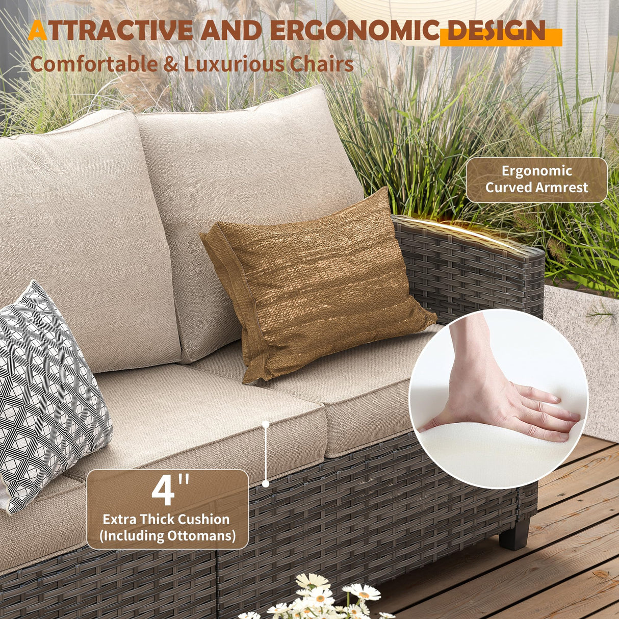 UDPATIO Patio Furniture Set with 44" Fire Pit Table, 6 Pieces Outdoor Sectional Conversation Sets, All-Weather Wicker Rattan Sofa Ottoman with 4" Thick Cushion for Garden Backyard Deck, Khaki UDPATIO