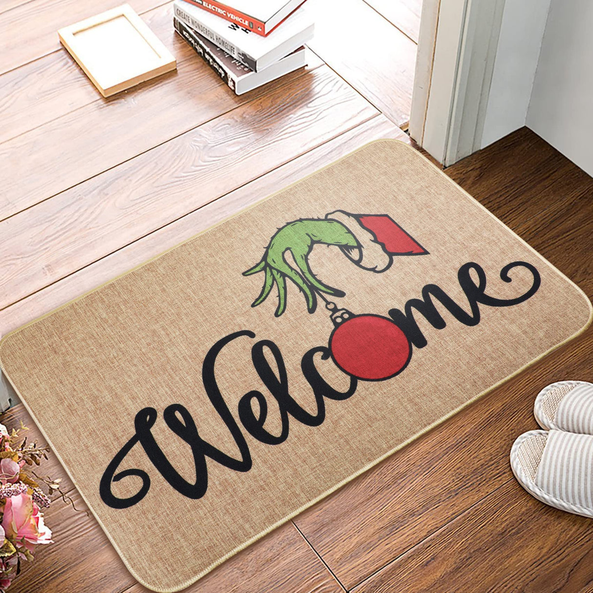 Erweicet Christmas Door Mat Xmas Welcome Christmas Mat Non-Slip and Washable Winter Doormat Rubber Back Snowflakes Door Mat Rugs for Indoor Outdoor(Green Hand Pattern) Erweicet