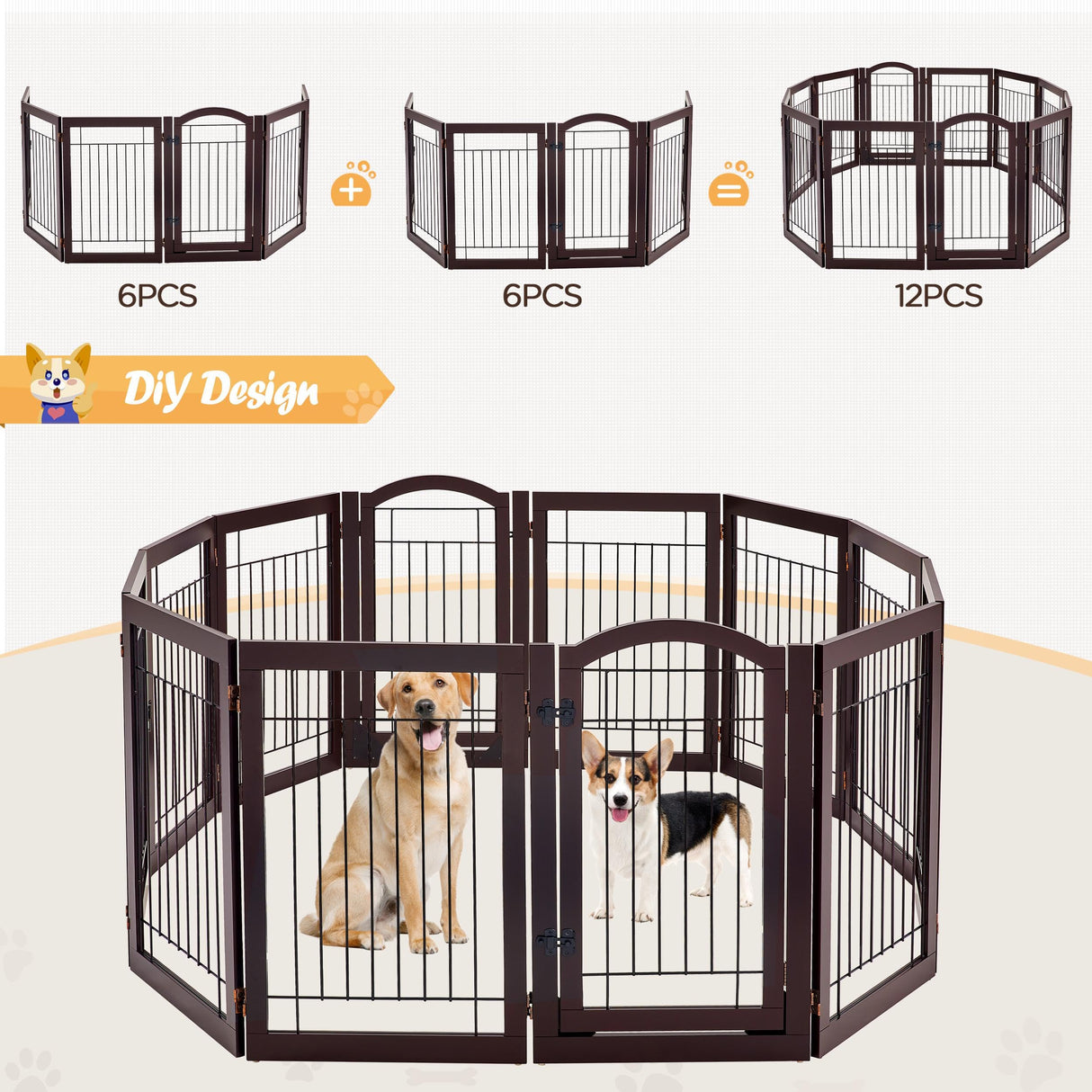 Yaheetech 32-inch Tall Dog Gate with Door Extra Wide Pet Gate for Dogs, Foldable Wire & Wooden Puppy Safety Fence w/3 Support Feet,Freestanding Dog Gate for the House,Doorway,Stairs(Espresso,6 Panels) Yaheetech