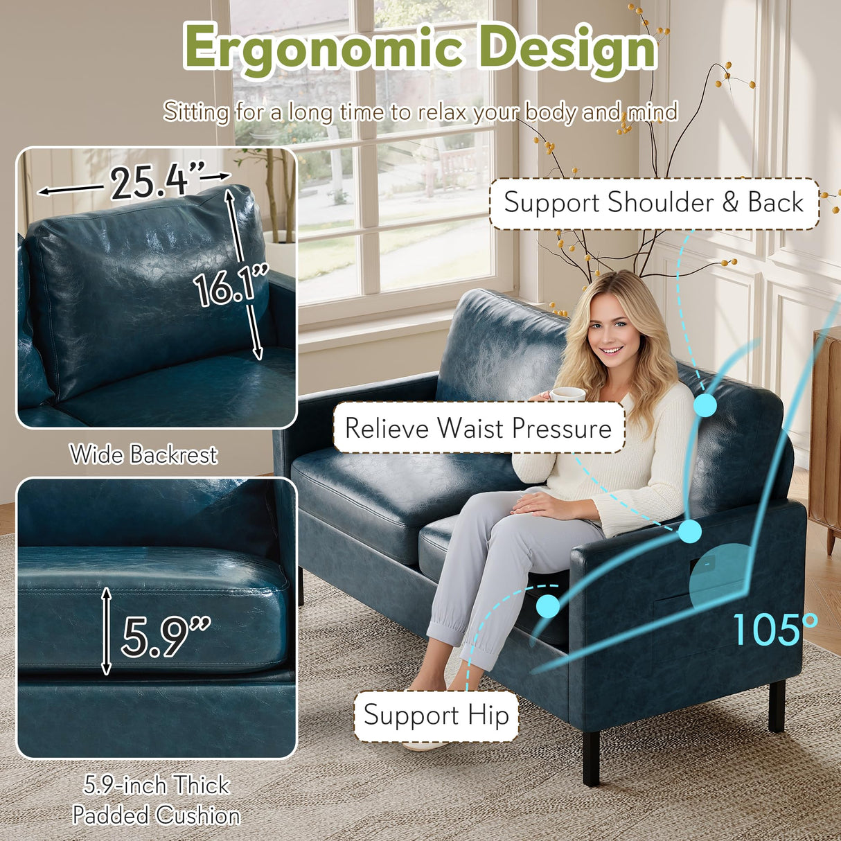 STHOUYN 57" W Faux Leather Loveseat w/ 2 USB, Small Loveseat Sofa w/Side Pockets, Wooden Frame Small Couch w/Metal Legs, Office Mini Couch for Dorm, Bedroom, Apartment (Blue, 2 Seater) STHOUYN