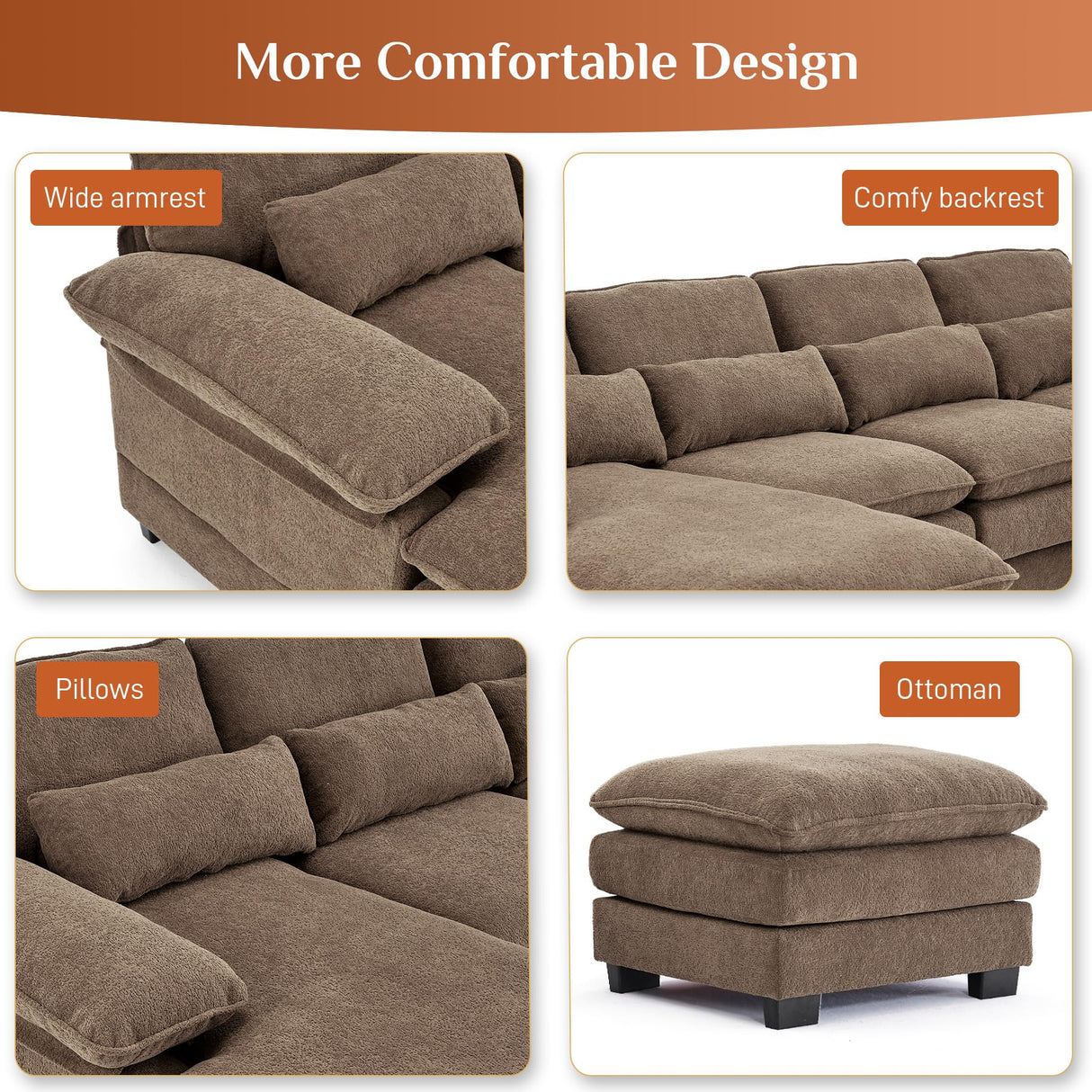 OUYESSIR 114" U Shape Sectional Sofa Cloud Couch for Living Room, Upholstery Comfy Modular Sofa, 4 Seat Chenille L-Shaped Sleeper Sofa with Chaise Lounge, Ottoman & Pillows,Brown OUYESSIR