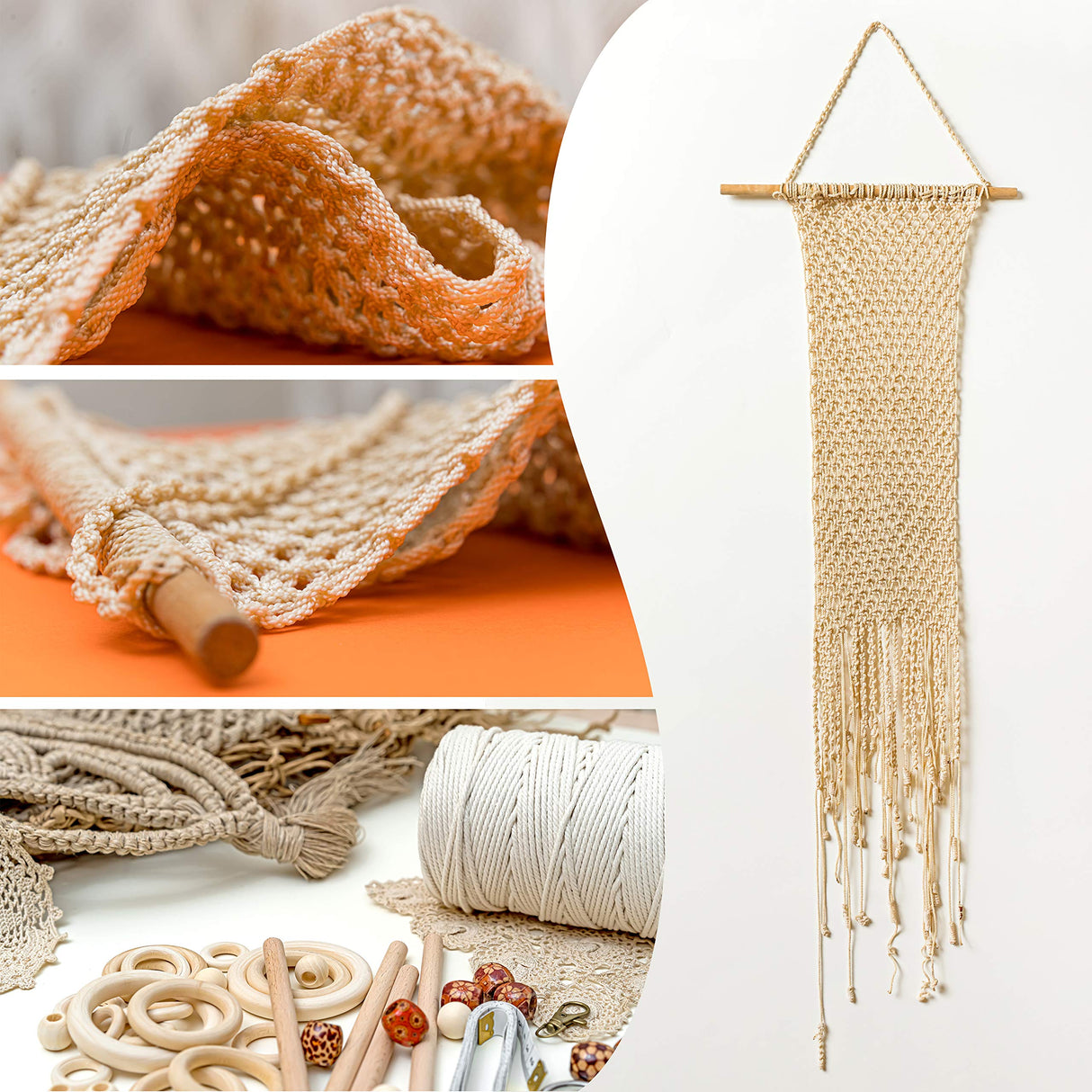 Macrame Kit - 227pc Wall Hanging and Plant Hanger Supplies, 225y Cord 3mm, Beads, Wood Dowels, Rings, E-Book - DIY Craft Starter Set for Adults and Beginners Tephran