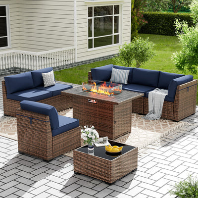 Amopatio 8 Pieces Patio Furniture Set with 44" Fire Pit Table, Outdoor Sectional Furniture Rattan Conversation Sofa, Patio Couch with Glass Coffee Table, 2 Waterproof Covers (Navy Blue)