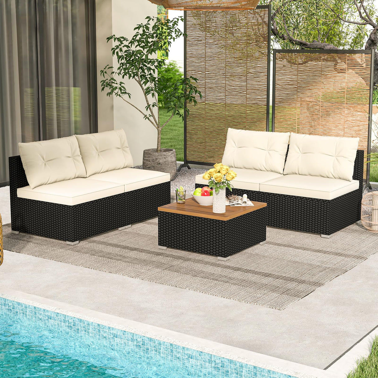 Toolsempire 5 Pieces Patio Furniture Set, Outdoor Sectional Sofa with Acacia Wood Coffee Table & Cushions, Wicker Patio Conversation Set for Porch, Deck, Balcony, Poolside & Backyard Toolsempire