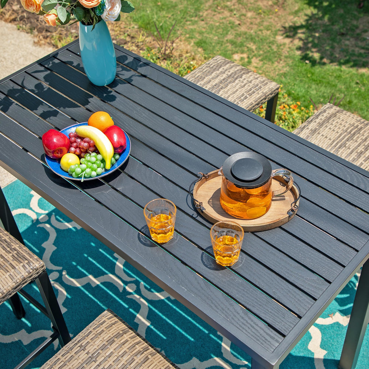 Sophia & William 37" Tall Patio Outdoor Bar Table, Metal Counter Height Dining Table with Wood Grain Tabletop, Adjustable Feet Mats, Rectangular Bistro Table with E-Coating for Porch Yard Lawn Sophia & William