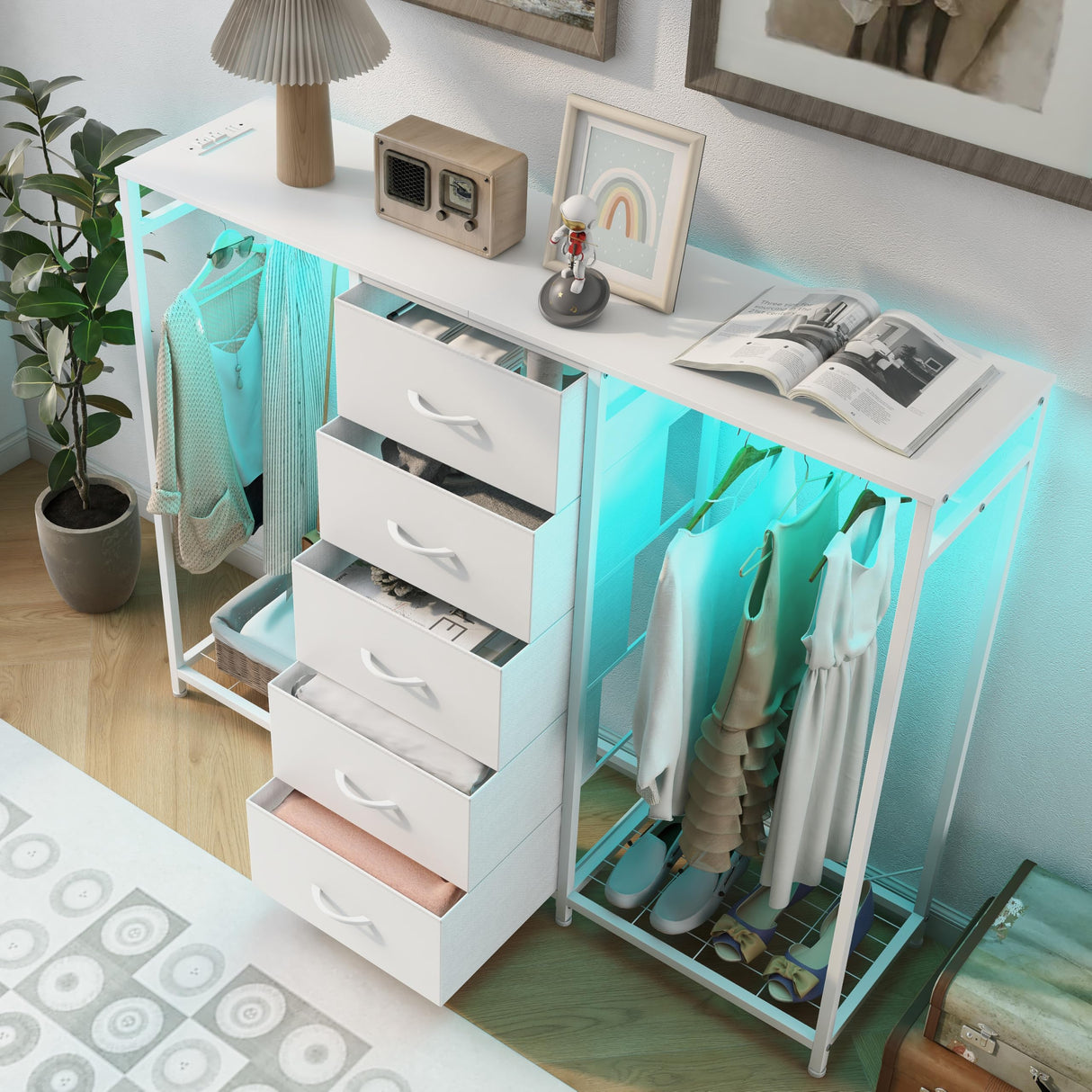 Espelism Dresser for Bedroom with Clothes Rack 5 Drawer Dresser with Charging Station LED Lights White Chest of Drawers Flexible Shelf and Open Storage Space for Bedroom Living Room (White) Espelism