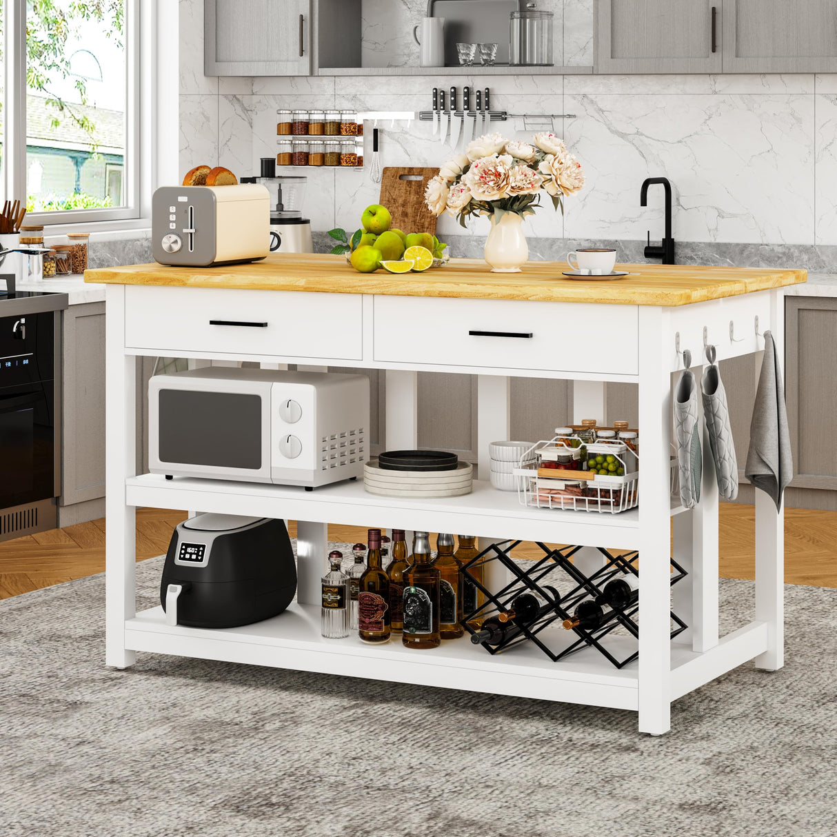 47.3" Solid Rubberwood Kitchen Island with Power Outlets - Extra Large Work Surface, 2 Drawers & Open Shelves Storage Cabinet for Kitchen Dining Room, Farmhouse Style (White) DynJest