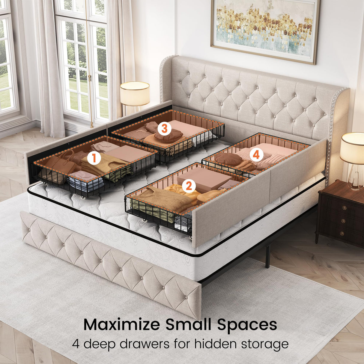 LARMACE King Size Bed Frame with 4 Storage Drawers and Tufted Headboard Linen Upholstered Platform Bed Frame Wingback Beds with Wooden Slats Support, Easy Assembly, Beige LARMACE