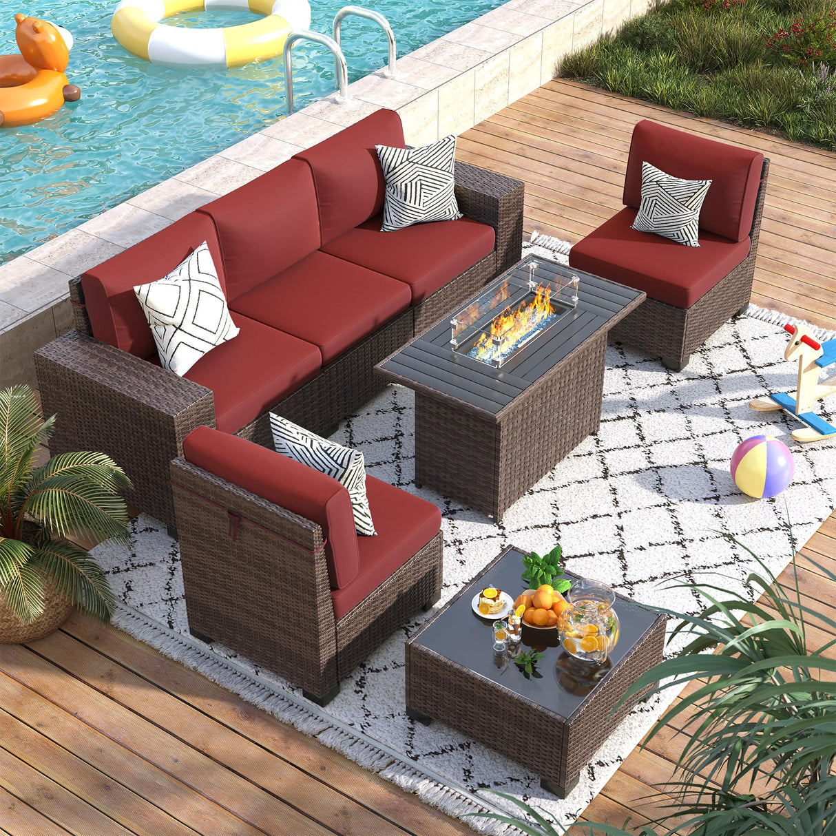 VONZOY 7 Piece Patio Furniture Set with Fire Pit Table, Outdoor Conversation Sets Wicker Rattan Sectional Sofa with Coffee Table, 4'' Thickened Cushion Wine Red (Include Waterproof Cover) VONZOY