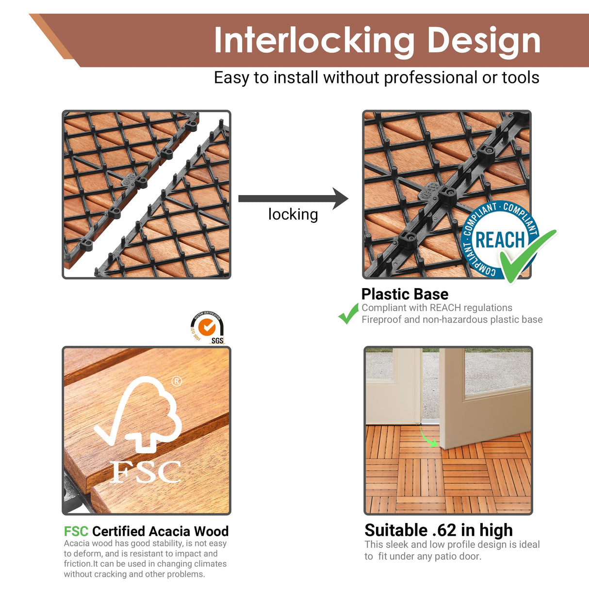 PrimeZone 27 PCS Solid Acacia Wood Interlocking Patio Deck Tiles - 12" x 12" Indoor Outdoor Waterproof Flooring Tiles for Balcony, Backyard, Garden & Poolside, All Weather Use, Natural Wood PrimeZone