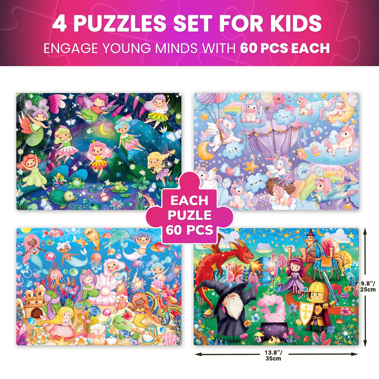 QUOKKA 4x60 Piece Puzzles for Kids Ages 4-6 – Glow-in-The-Dark Puzzles for Kids 4-8 I Unicorns, Mermaids, Fairy Tale I Fun Educational Toddler Puzzles for Boys and Girls – Educational Game Toys Gift QUOKKA