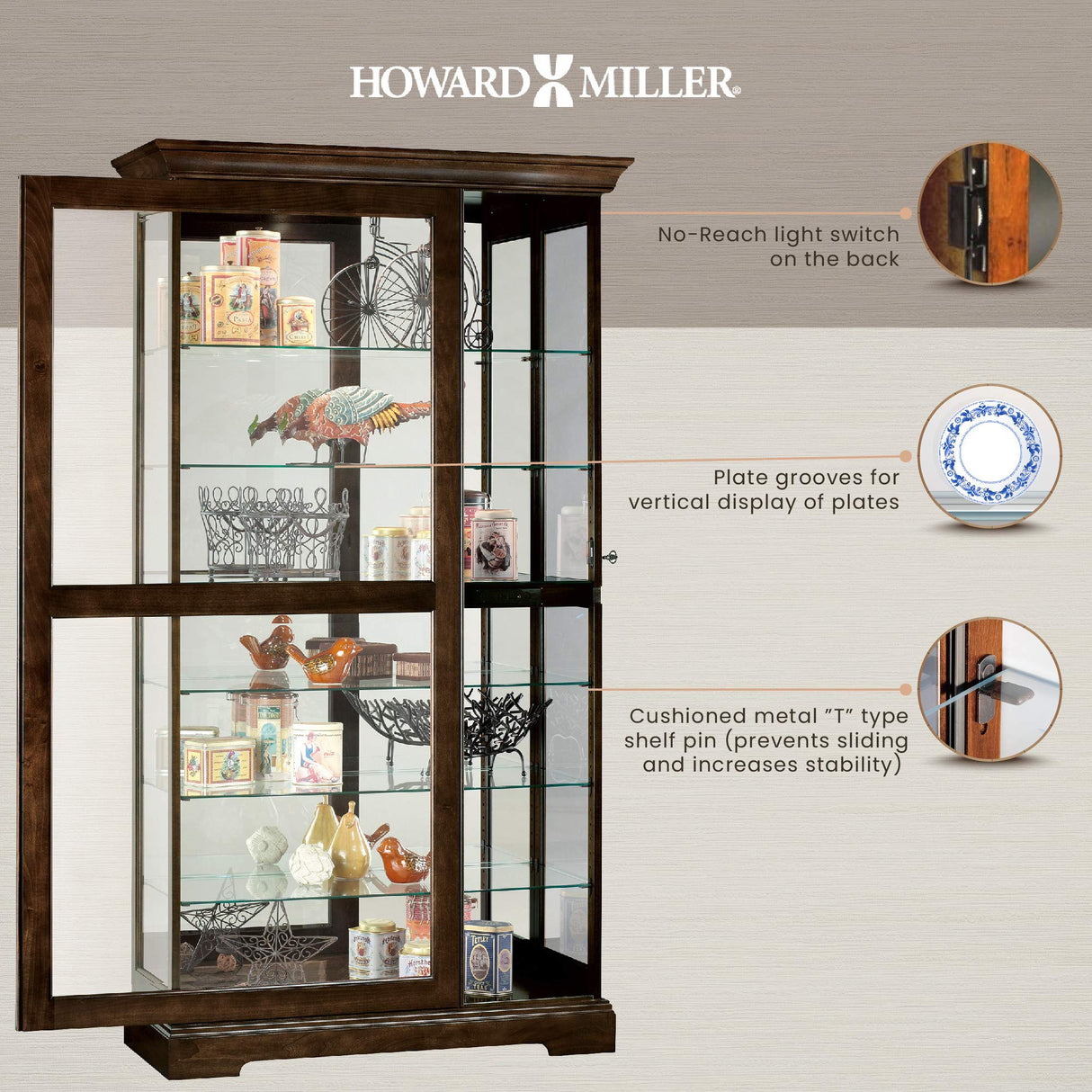 Howard Miller Tyler III Curio Cabinet II - Elegant Espresso Finish Home Décor Glass Display Cabinet with Lock, Sliding Glass Door - Storage Cabinet for Living Room, Bedroom or Dining Room Howard Miller