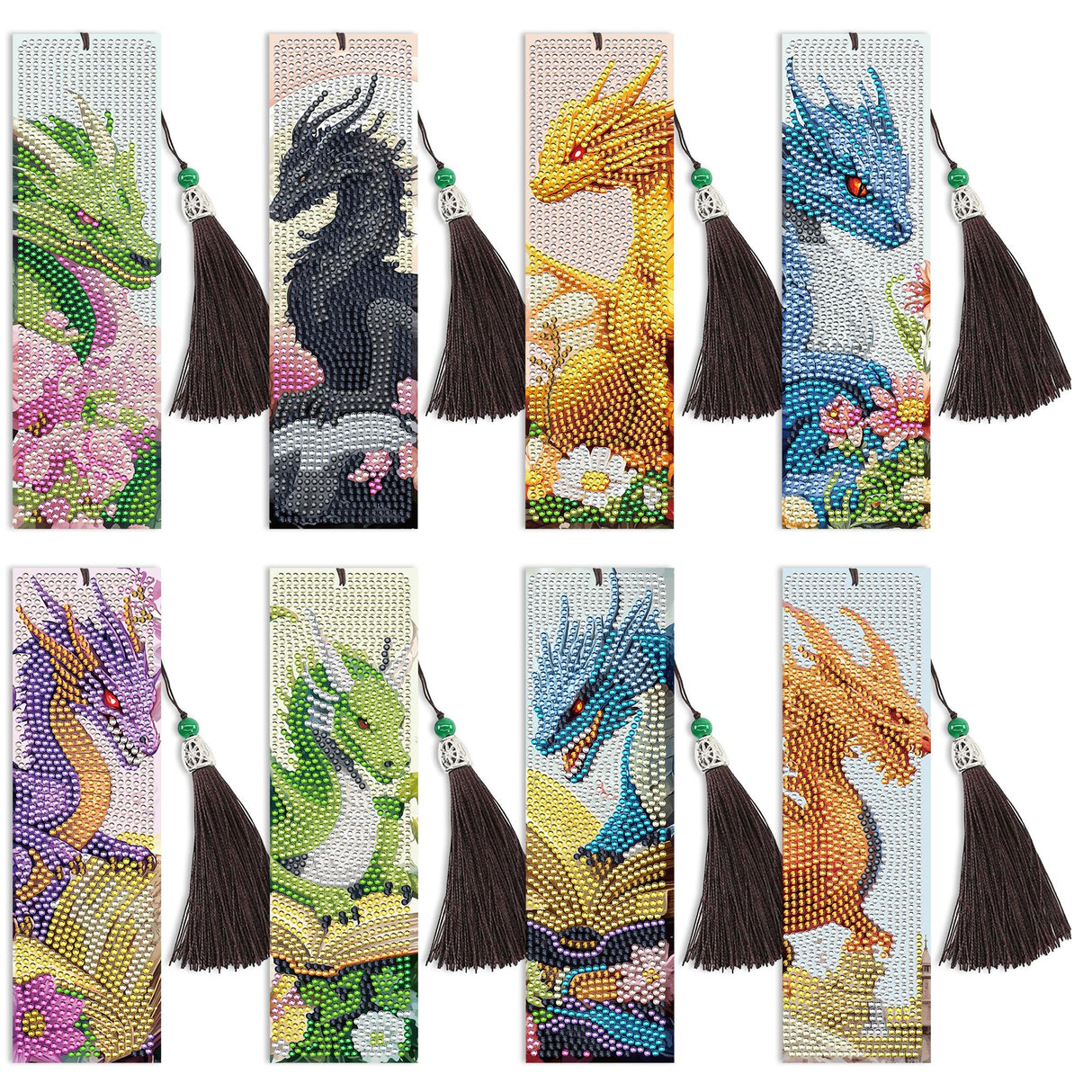 Dragon Diamond Art Bookmarks Kit: 8 Pcs Diamond Painting Bookmark with Tassels, Fantastic Dragon Book Marks for Book Lovers, Gifts for Reading Men DIY Crafts CRASHOT